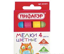 Мел цветной ПИФАГОР, набор 4 шт., квадратный, 221977